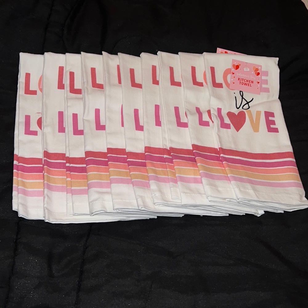 NWT 10pc “Love Is Love” pink striped kitchen towels 100% cotton (16x26in)